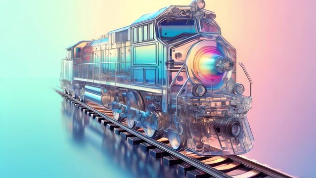 Transparent train with holographic elements on tracks, conceptual artwork for futuristic travel.
