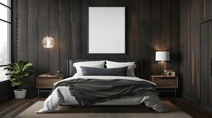 Dark home bedroom interior bed and nightstand with books and decoration, pillow and bed linen. Sleeping zone with stylish design. Mock up square canvas poster on black wall. 3D rendering ai generated 