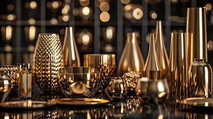 Opulent scene of metallic gold accessories casting soft reflections on a glossy black surface, embodying sophistication and luxury