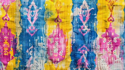 Vibrant ikat print with ethnic patterns in shades of yellow, blue, and pink. - obrazy, fototapety, plakaty