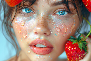 Young woman with bright make up and strawberry close up portrait, beautiful caucasian woman with drops and sparkles on her face