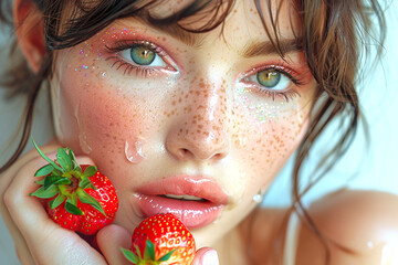 Young woman with bright make up and strawberry close up portrait, beautiful caucasian woman