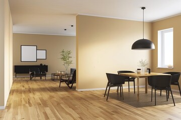 Modern Apartment Interior Design: Minimalist Dining Room with Wooden Floor and Black Furniture Panorama