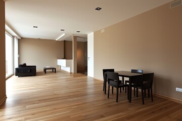 Modern Apartment Dining Room with Empty Living Room and Minimalist Decor on Beige Wall Panorama