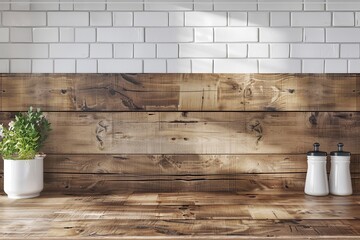 Wooden Table Kitchen Montage Backdrop: Clean Counter Display Space