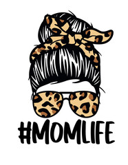 Mom Life | Messy Bun Hair | Mom with Leopard Glasses | Leopard Hair Bun | #Momlife | Hair style | Leopard Bandana | Original Illustration | Vector and Clipart | Cutfifle and Stencil