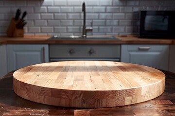 Wooden Round Tabletop in Kitchen with Ambient Light - Blurred Defocused Montage Object