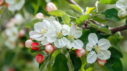 Fototapeta premium Blooming apple orchards in spring with pretty white flowers against vibrant green scenery