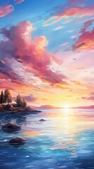 Serene bay at sunrise with calm waters and a colorful sky, ideal for peaceful retreat and meditationthemed visuals