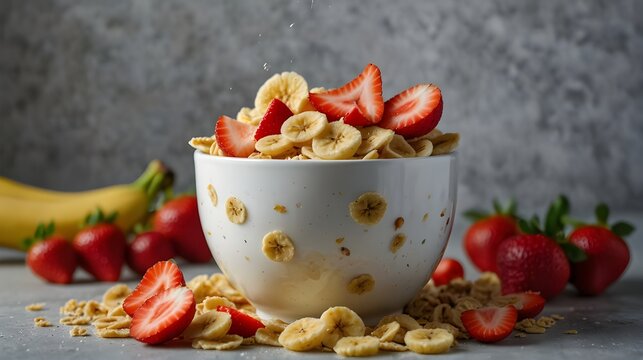 Studio image of an alluring morning cereal in a white bowl with airborne flakes and decadent toppings like sliced bananas, strawberries, and lots of milk that beckons the viewer to take a bite out of 