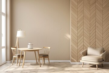 Modern Apartment Dining Area with Beige Wall and Wooden Herringbone Design, Table, Cozy Chair, Stylish Lamp - Bright and Comfortable Living Room Panorama