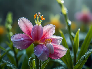 Fototapeta premium beautiful crocus flower in the meadow at sunrise with dew drops