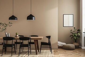 Modern Beige Panorama: Minimalist Dining and Living Room with Cozy Wooden Accents