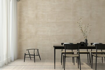 Minimalist Dining Room: Modern Apartment with Beige Textured Wall and Black Dining Set
