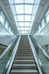 Long staircase with railings in a modern building