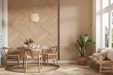 Modern Dining Area with Beige Wall, Wooden Herringbone Design, Minimal Decor, and Stylish Furniture