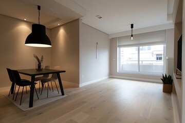 Contemporary Minimalist Dining Area: Black Pendant Light Apartment Panorama