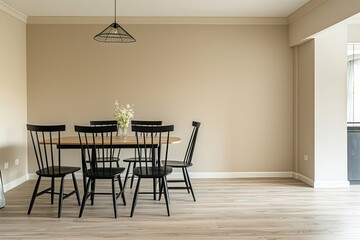 Modern Minimalist Dining Area with Wooden Flooring and Stylish Black D�cor | Cozy Apartment Living Room with Bright Table and Clean Decoration