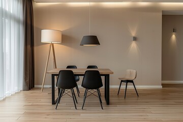 Modern Minimalist Dining Area in Apartment: Wooden Flooring and Black Chairs Design