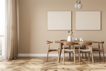 Modern Minimalist Dining Room with Warm Table, Herringbone Floor, and Clean Decoration
