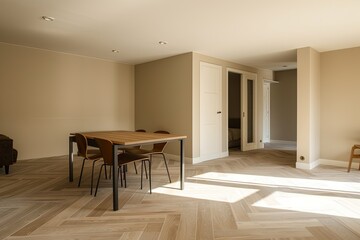 Stylish Minimalist Apartment Dining Room with Herringbone Floor and Warm Table Decor