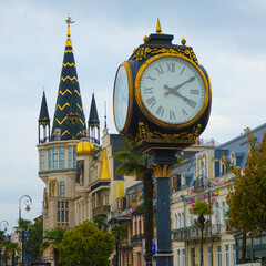 City clock on Europe Square. Clock with a Big Clock at Europe Square. Vintage clock in city center. Astronomical Tower with Watches.. Old town. Adjara. BATUMI, GEORGIA