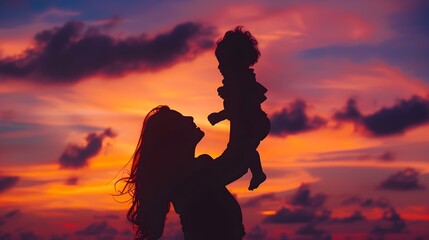 Mother's Love at Sunset: A Toddler's Silhouette Lifted Against a Vibrant Backdrop