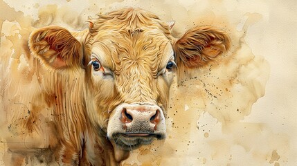 A close up painting of a blonde cow looking at the viewer with big brown eyes.