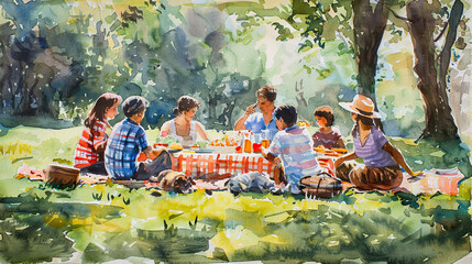 A family is having a picnic in the park. They are sitting on a blanket and eating food from a basket. There is a dog sitting next to them. The sun is shining and there are trees in the background.