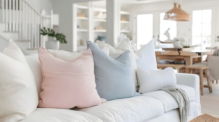 Casual Elegance of a Beach House: Pastel Linen Pillows Adorning a White Slipcovered Sofa