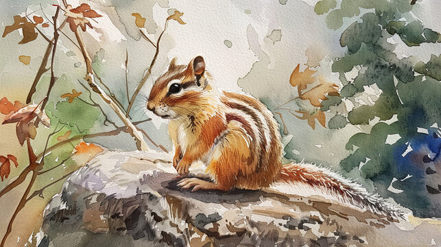 A watercolor painting of a chipmunk sitting on a rock in the woods. The chipmunk is brown and white with a black stripe on its back. The rock is gray and the woods are green.