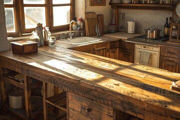 Wooden Product Display Table in Rustic Kitchen Setting