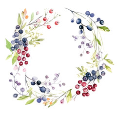 A watercolor painting of a wreath of blueberries, blackberries, and red currants.