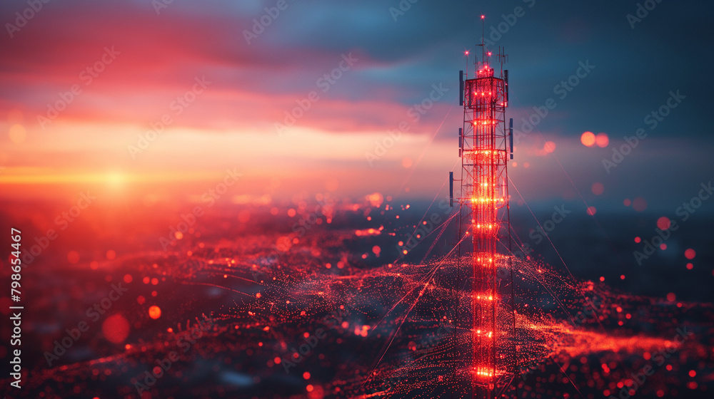 Poster telecommunication tower with 4g, 5g transmitters. cellular base station with transmitting antennas o