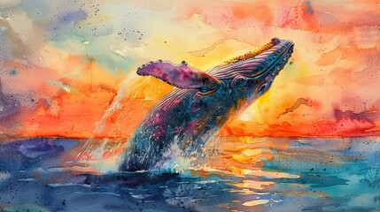 A watercolor painting of a whale jumping out of the ocean at sunset.