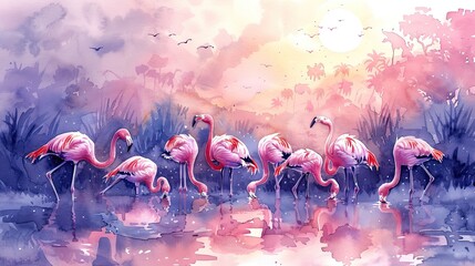 Obraz premium A watercolor painting of pink flamingos in a blue pond at sunset.