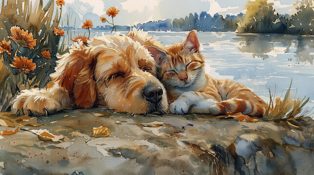 A watercolor painting of a tabby cat and a golden retriever sleeping next to each other on a rock by the lake surrounded by flowers and foliage.