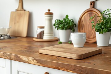 Mockup Ready Wooden Table: Brown and White Kitchen Decor Product Display - obrazy, fototapety, plakaty