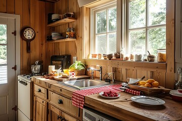 Wooden Surfaces in Bright Home Kitchen: Cozy Breakfast Setup with Red Checkered Cloth