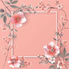 분홍색 배경위에 놓여진 꽃과 프레임