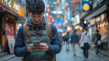 Obraz premium A male traveler using a smartphone to navigate through the bustling streets of Seoul