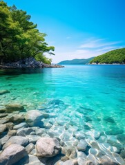 Fototapeta premium Tranquil bay with crystalclear waters reflecting the sky, surrounded by lush greenery, perfect for travel and relaxation marketing