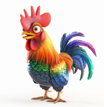   A rooster with a multicolored body stands on one leg The other leg is hidden His head sports a red comb