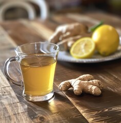  A glass of ginger tea is placed next to plates of ginger and leons on a wooden table