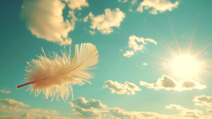   A white feather drifts against a blue backdrop, surrounded by wispy white clouds and the golden sun piercing their edges