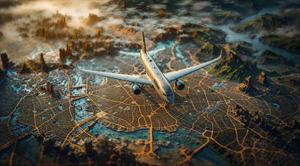 3d plane on a map of the world