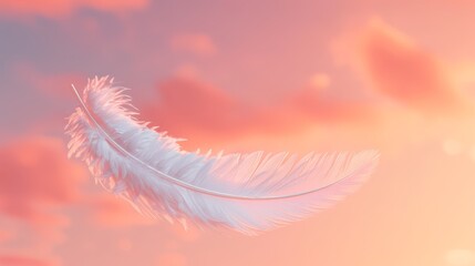   A white feather drifts against a pastel backdrop of pink and blue sky Pink and white clouds form in the distance