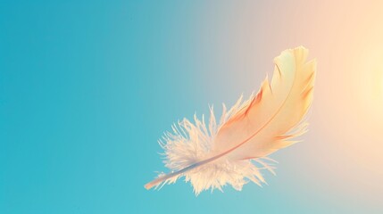   A white feather drifts against a brilliant blue sky, sun shining from behind
