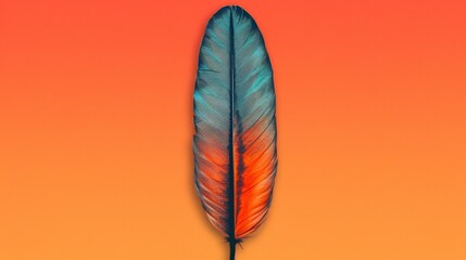   A detailed view of a blue-orange feather against an orange and pink backdrop, with a droplet of water at the feather's base