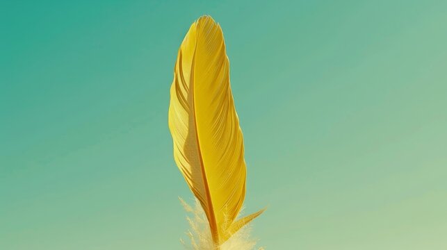   A close-up of a yellow feather against a blue sky Another image features a yellow feather against a green backdrop, passing as a different shot